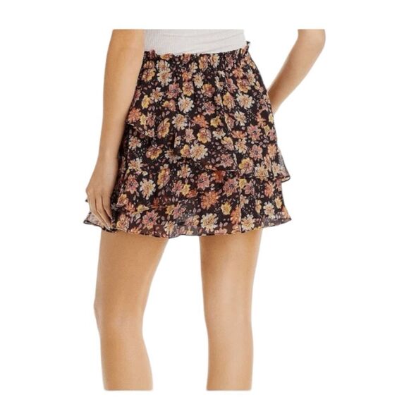 Aqua Bloomingdales Tapestry Floral Mini Skirt Black Layered Ruffles Pull-On M - Picture 3 of 9